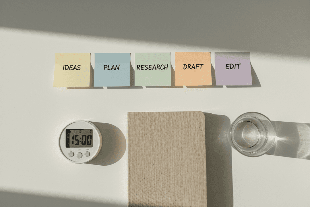 Flat-lay of five colorful sticky notes, a small timer, a hardcover notebook, and a glass of water on a bone-white desk in soft morning light