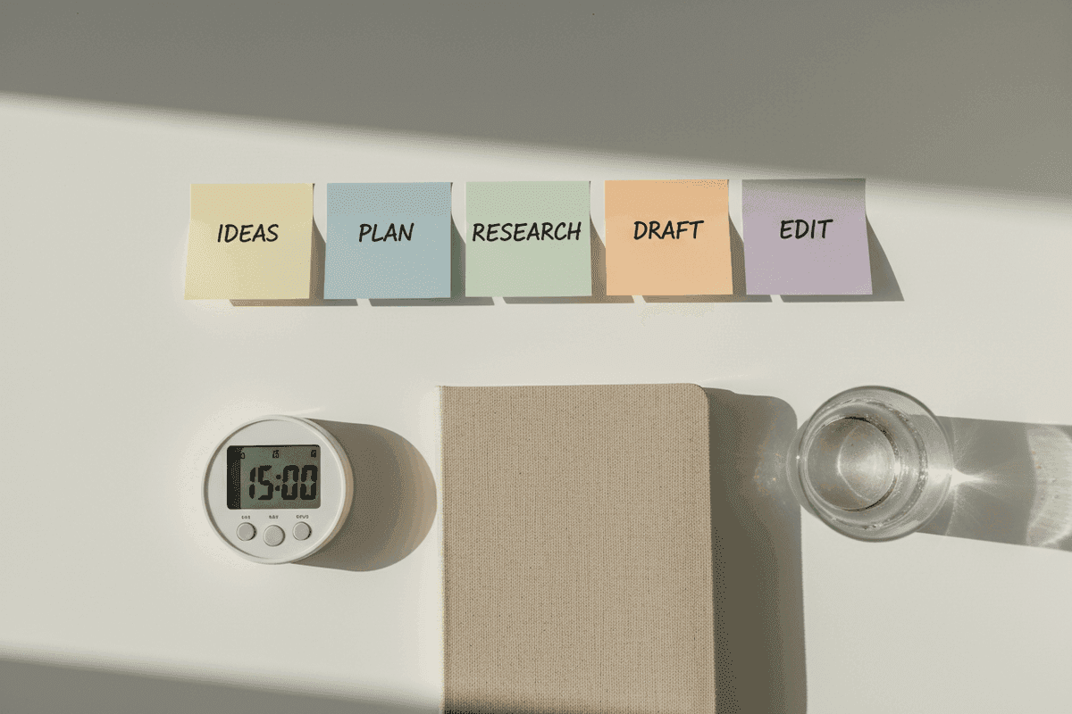 Flat-lay of five colorful sticky notes, a small timer, a hardcover notebook, and a glass of water on a bone-white desk in soft morning light