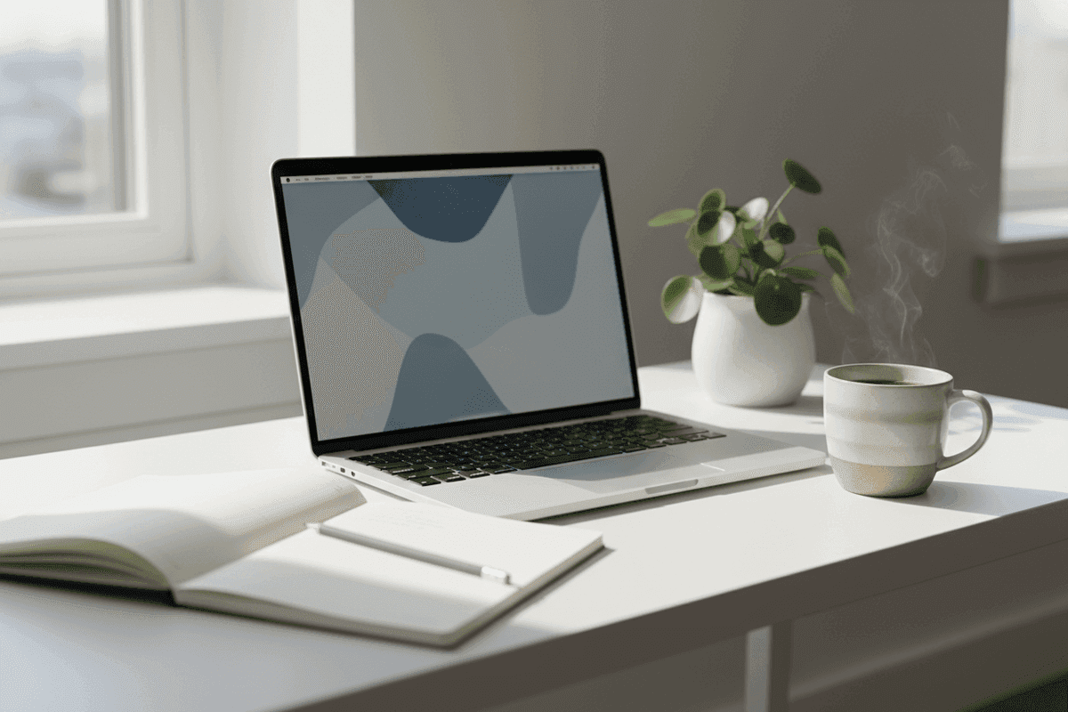 Open MacBook on a bone-white dorm desk with a spiral notebook, a small potted plant, and a coffee mug in soft morning light