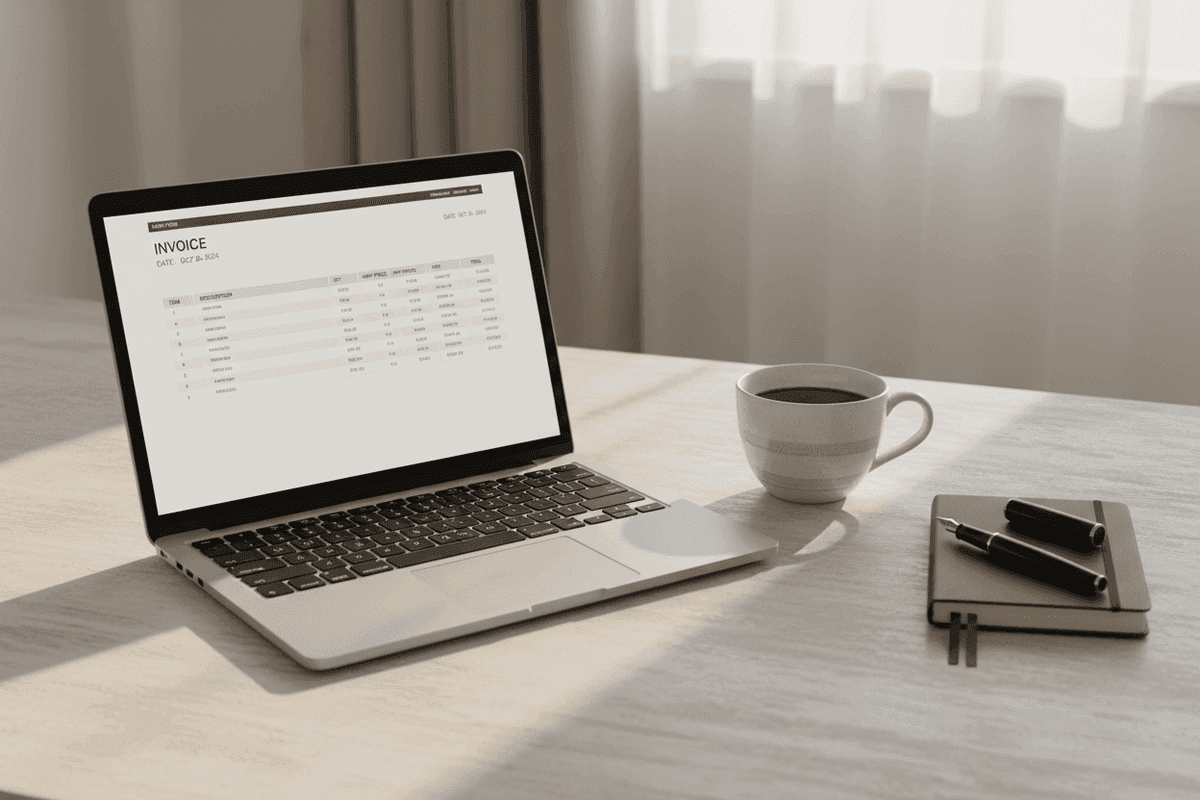 Open laptop showing a clean invoice on a bone-white desk, with a ceramic coffee cup, a leather Moleskine notebook, and a fountain pen in soft late-morning light