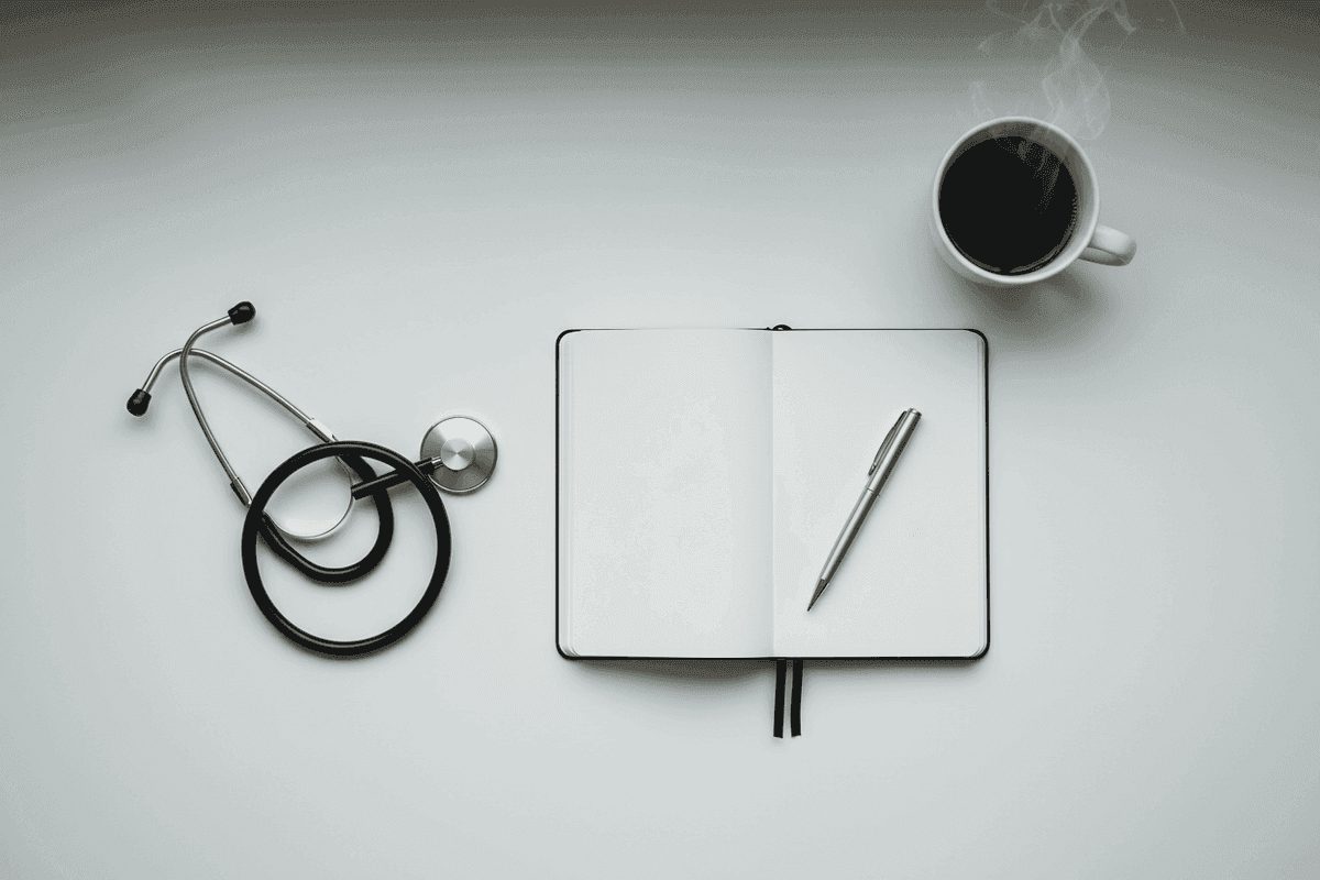 Flat-lay of a folded stethoscope, a hardcover Moleskine notebook, a cup of black coffee, and a single pen on a bone-white desk in soft cool morning light