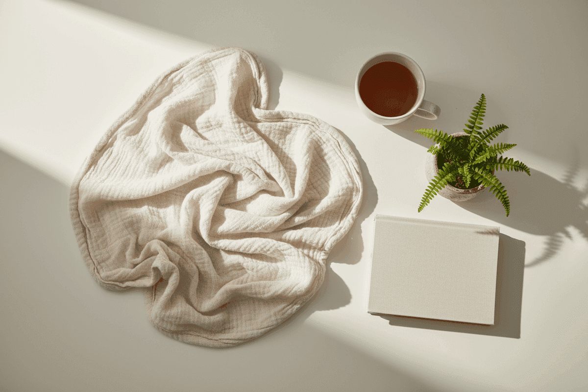 Flat-lay of a folded muslin cloth, a small potted fern, a closed hardcover journal, and a half-full mug of tea on a bone-white surface in soft morning light