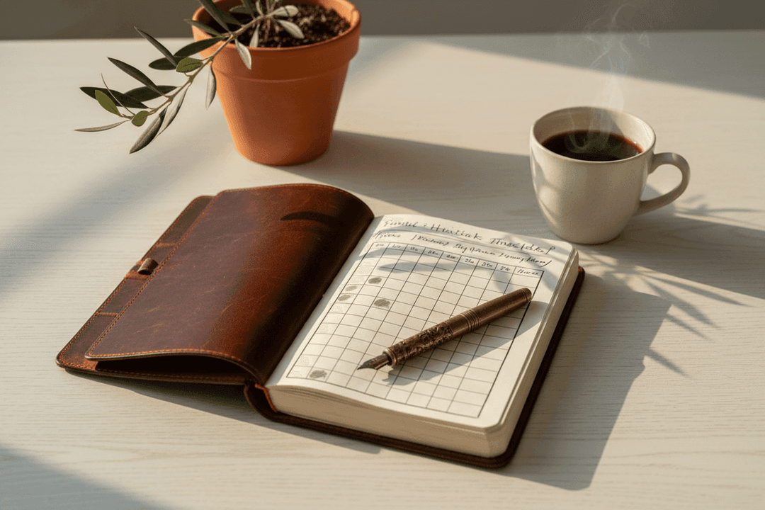 An open leather-bound planner with a habit-tracking grid on a bone-white desk, a brass fountain pen, a ceramic coffee cup, and a potted olive branch in soft morning light