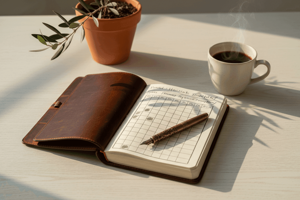 An open leather-bound planner with a habit-tracking grid on a bone-white desk, a brass fountain pen, a ceramic coffee cup, and a potted olive branch in soft morning light